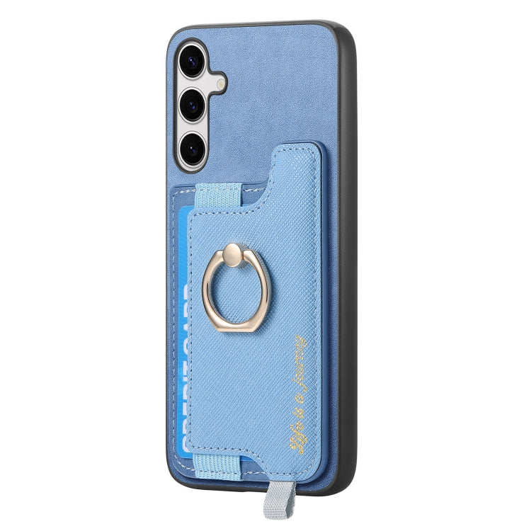 For Samsung Galaxy S25+ 5G Retro Cross Leather Ring Horizontal Insert Card Bag MagSafe Phone Case(Blue)