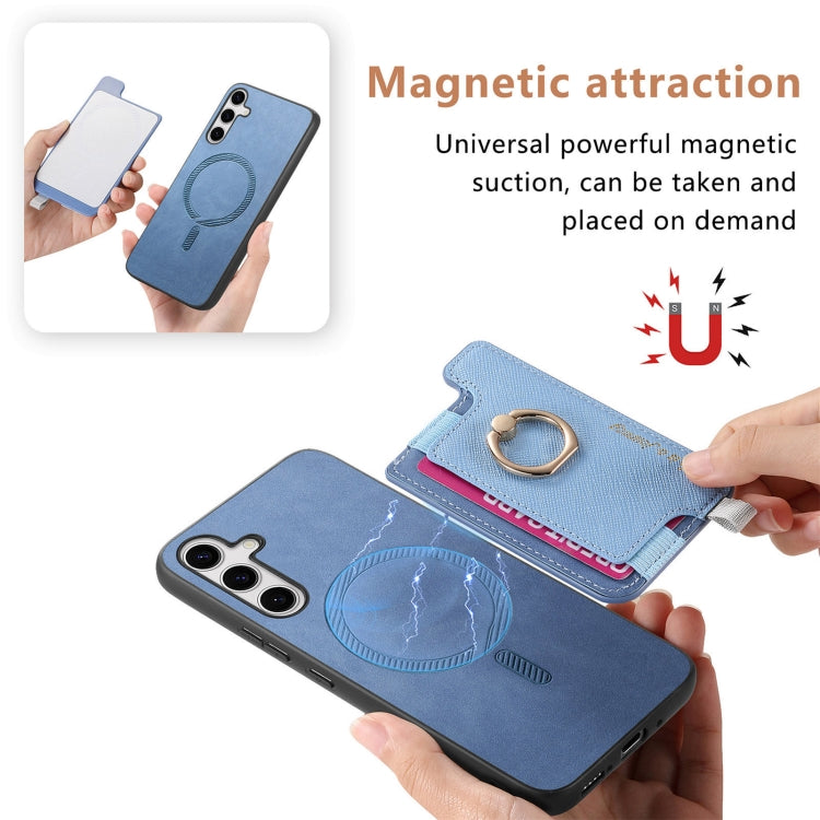 For Samsung Galaxy S25+ 5G Retro Cross Leather Ring Horizontal Insert Card Bag MagSafe Phone Case(Blue)