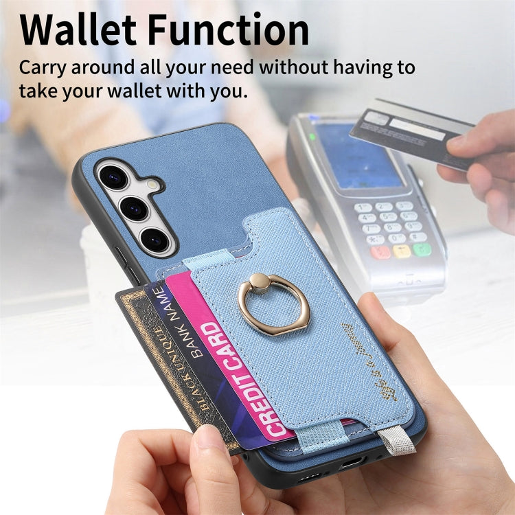 For Samsung Galaxy S25+ 5G Retro Cross Leather Ring Horizontal Insert Card Bag MagSafe Phone Case(Blue)