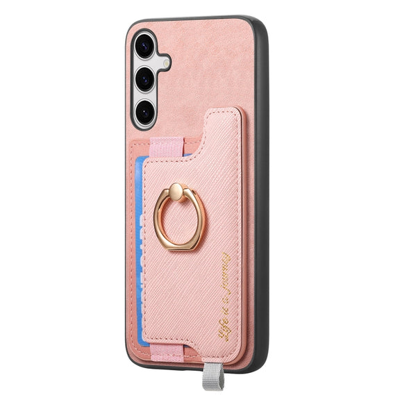 For Samsung Galaxy S25+ 5G Retro Cross Leather Ring Horizontal Insert Card Bag MagSafe Phone Case(Pink)