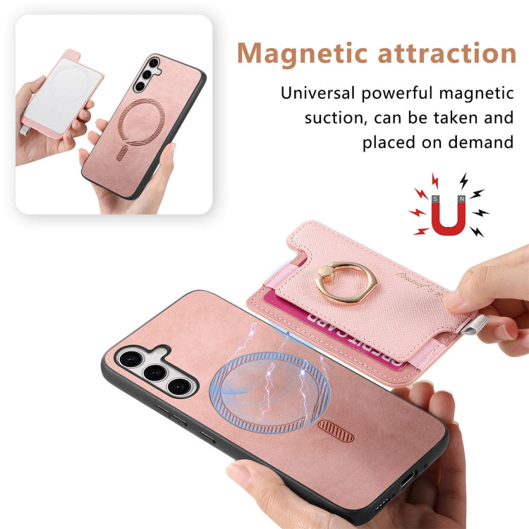 For Samsung Galaxy S25+ 5G Retro Cross Leather Ring Horizontal Insert Card Bag MagSafe Phone Case(Pink)