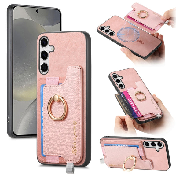 For Samsung Galaxy S25+ 5G Retro Cross Leather Ring Horizontal Insert Card Bag MagSafe Phone Case(Pink)