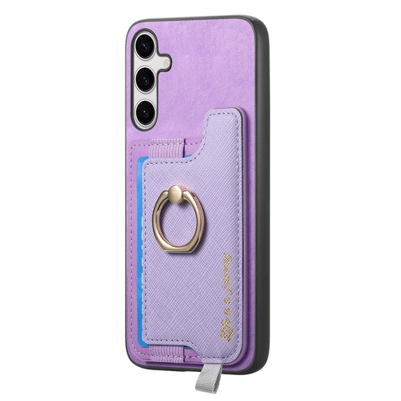 For Samsung Galaxy S25+ 5G Retro Cross Leather Ring Horizontal Insert Card Bag MagSafe Phone Case(Purple)