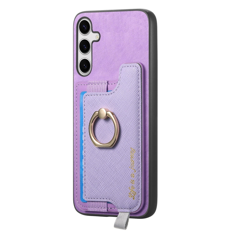 For Samsung Galaxy S25+ 5G Retro Cross Leather Ring Horizontal Insert Card Bag MagSafe Phone Case(Purple)