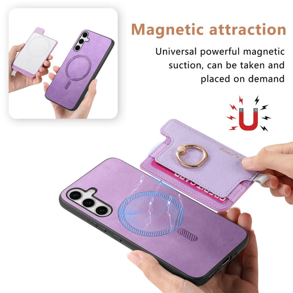 For Samsung Galaxy S25+ 5G Retro Cross Leather Ring Horizontal Insert Card Bag MagSafe Phone Case(Purple)