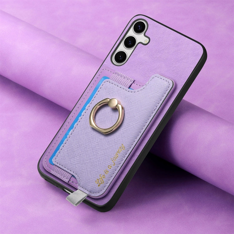 For Samsung Galaxy S25+ 5G Retro Cross Leather Ring Horizontal Insert Card Bag MagSafe Phone Case(Purple)