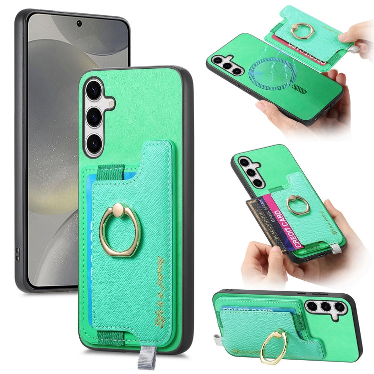 For Samsung Galaxy S25+ 5G Retro Cross Leather Ring Horizontal Insert Card Bag MagSafe Phone Case(Green)