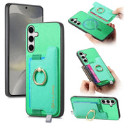 For Samsung Galaxy S25+ 5G Retro Cross Leather Ring Horizontal Insert Card Bag MagSafe Phone Case(Green)