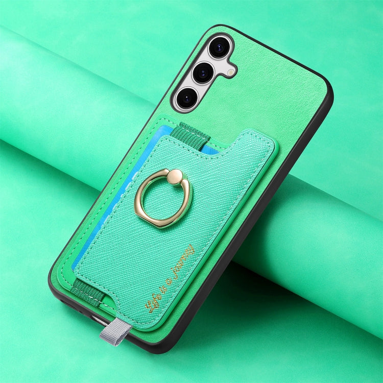 For Samsung Galaxy S25+ 5G Retro Cross Leather Ring Horizontal Insert Card Bag MagSafe Phone Case(Green)