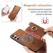 For Samsung Galaxy S25+ 5G Retro Cross Leather Ring Horizontal Insert Card Bag MagSafe Phone Case(Brown)