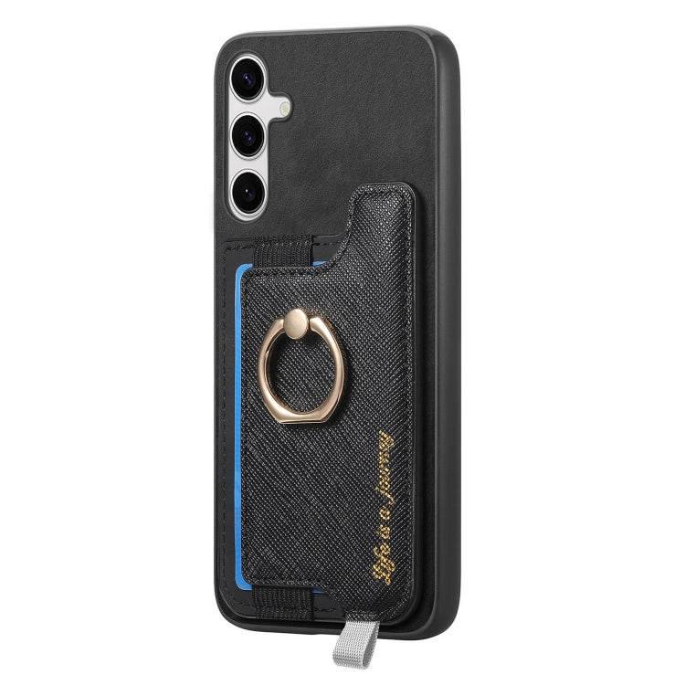 For Samsung Galaxy S25+ 5G Retro Cross Leather Ring Horizontal Insert Card Bag MagSafe Phone Case(Black)