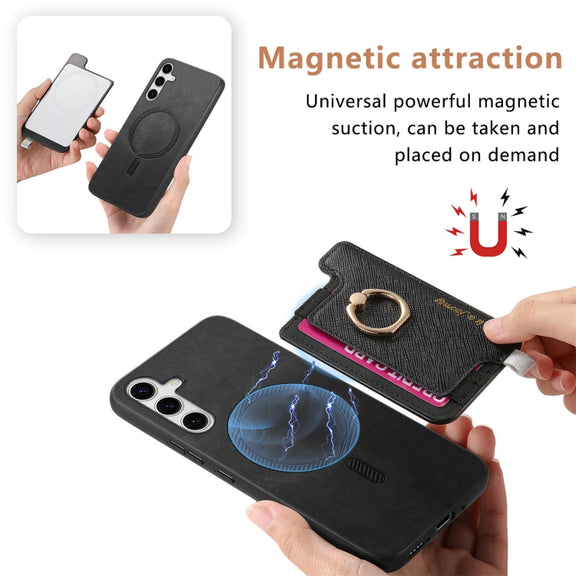 For Samsung Galaxy S25+ 5G Retro Cross Leather Ring Horizontal Insert Card Bag MagSafe Phone Case(Black)