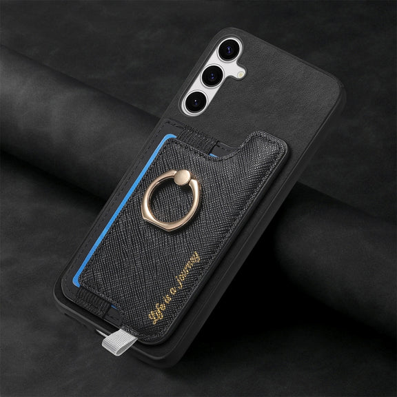 For Samsung Galaxy S25+ 5G Retro Cross Leather Ring Horizontal Insert Card Bag MagSafe Phone Case(Black)