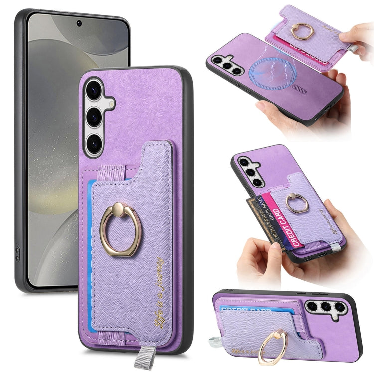 For Samsung Galaxy S25 Ultra 5G Retro Cross Leather Ring Horizontal Insert Card Bag MagSafe Phone Case(Purple)