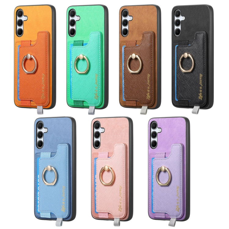 For Samsung Galaxy S25 5G Retro Cross Leather Ring Horizontal Insert Card Bag MagSafe Phone Case(Yellow)
