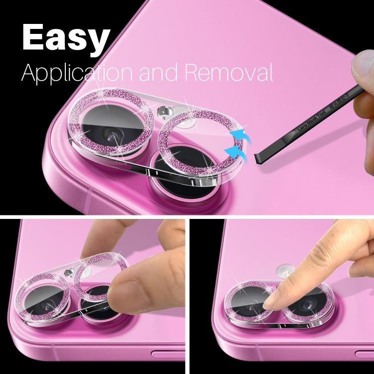 For iPhone 16 / 16 Plus NORTHJO Camera Lens Protector Glitter Ring 3D Tempered Glass Film(Pink)