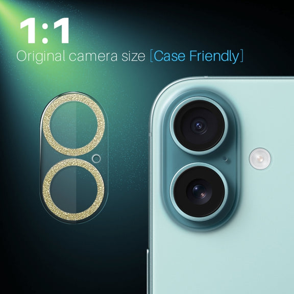 For iPhone 16 / 16 Plus NORTHJO Camera Lens Protector Glitter Ring 3D Tempered Glass Film(Gold)