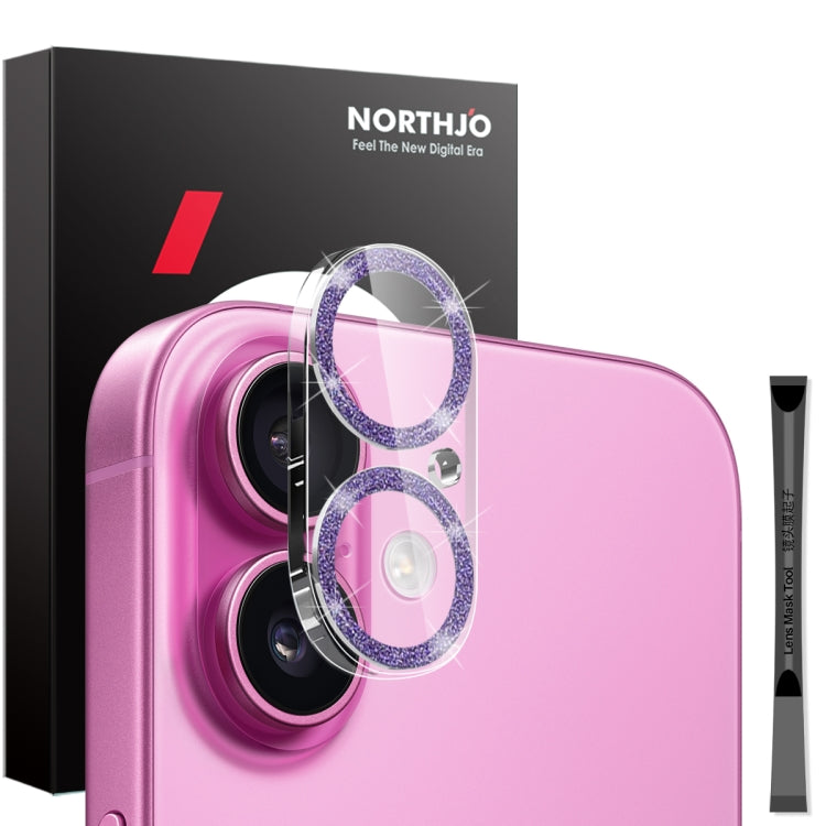 For iPhone 16 / 16 Plus NORTHJO Camera Lens Protector Glitter Ring 3D Tempered Glass Film(Purple)