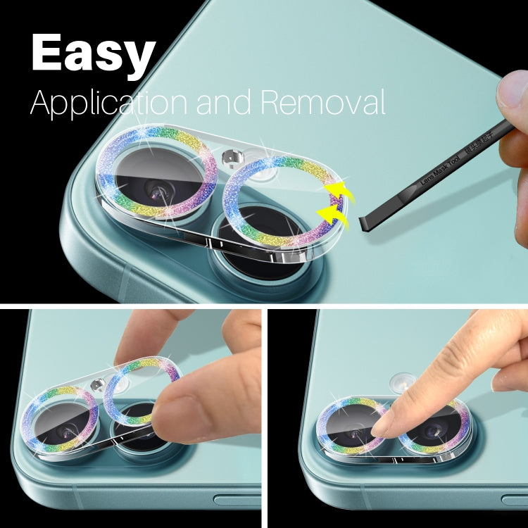 For iPhone 16 / 16 Plus NORTHJO Camera Lens Protector Glitter Ring 3D Tempered Glass Film(Colorful)