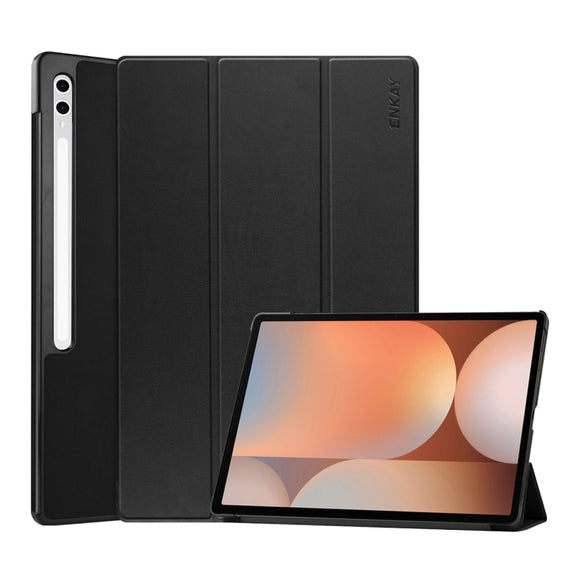 For Samsung Galaxy Tab S10+ / S9+ / S9 FE+ ENKAY Tri-fold Custer Texture Plastic Leather Smart Tablet Case with Pen Slot(Black)