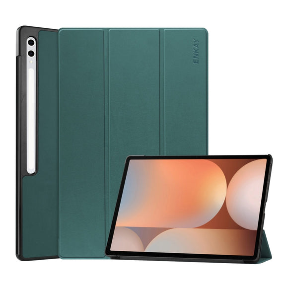 For Samsung Galaxy Tab S10+ / S9+ / S9 FE+ ENKAY Tri-fold Custer Texture Plastic Leather Smart Tablet Case with Pen Slot(Dark Green)