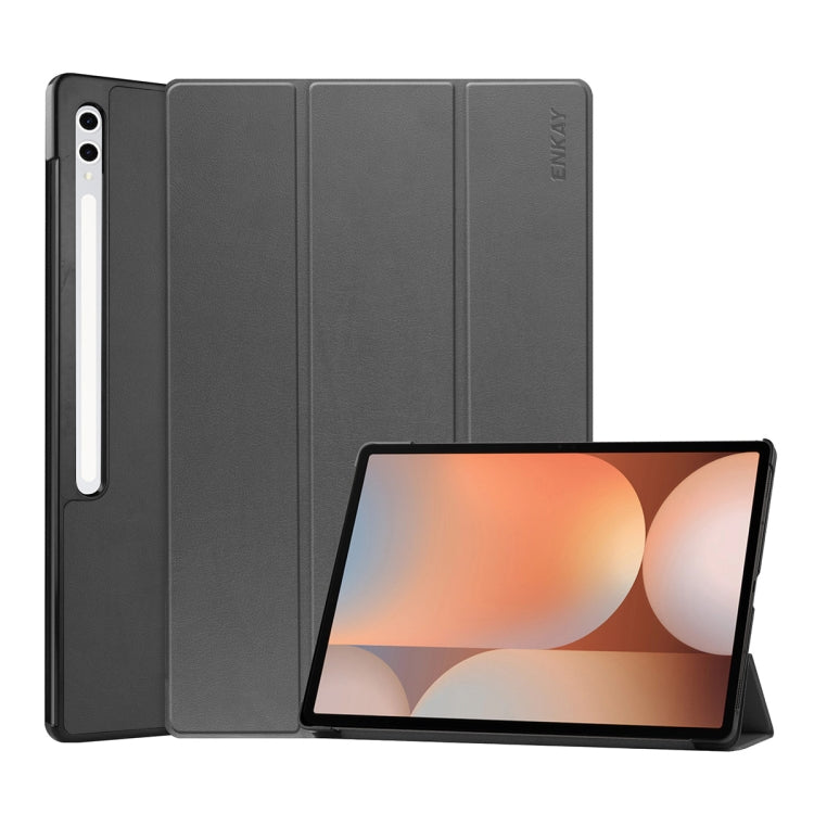 For Samsung Galaxy Tab S10+ / S9+ / S9 FE+ ENKAY Tri-fold Custer Texture Plastic Leather Smart Tablet Case with Pen Slot(Grey)