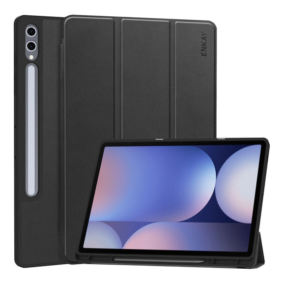 For Samsung Galaxy Tab S10+ / S9+ / S9 FE+ ENKAY Tri-fold Custer Texture TPU Leather Smart Tablet Case with Pen Slot(Black)