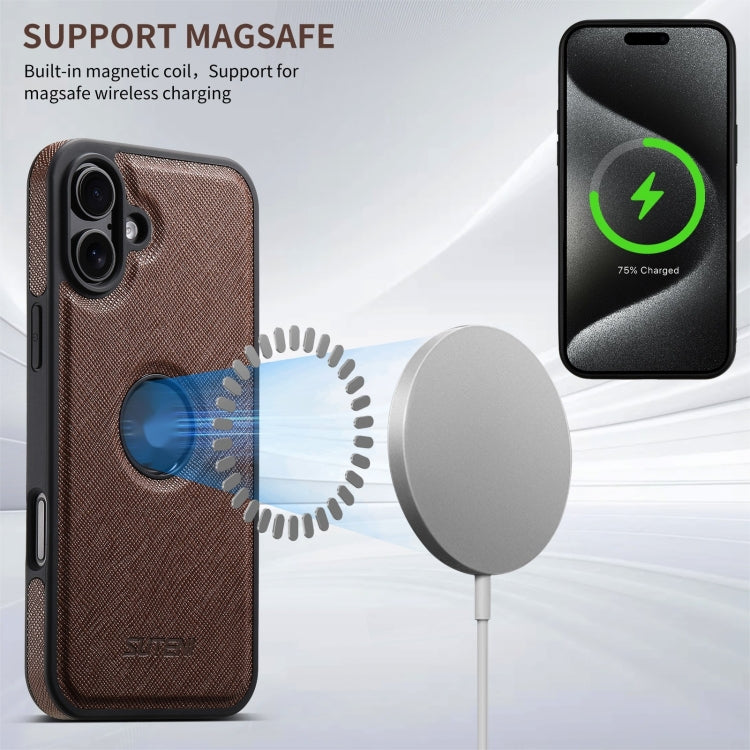 For iPhone 16 Suteni G1 Cross Texture MagSafe Phone Case(Brown)