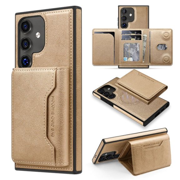 For Samsung Galaxy S25 5G Shield Multi-functional MagSafe Card Bag Phone Case(Desert Gold)