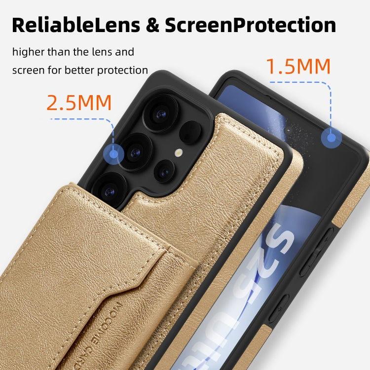 For Samsung Galaxy S25 5G Shield Multi-functional MagSafe Card Bag Phone Case(Desert Gold)