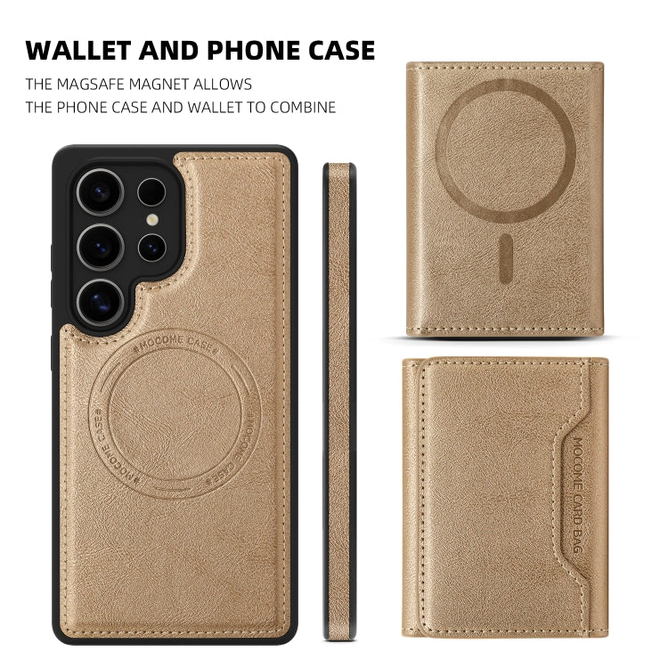 For Samsung Galaxy S25 5G Shield Multi-functional MagSafe Card Bag Phone Case(Desert Gold)