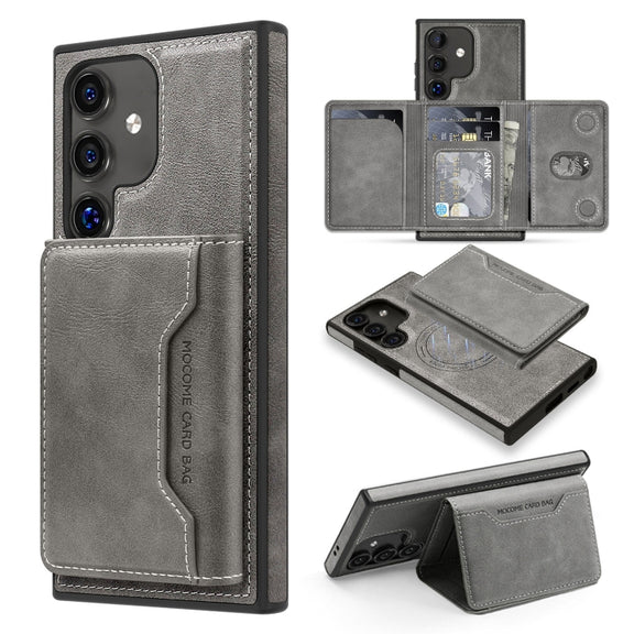 For Samsung Galaxy S25 5G Shield Multi-functional MagSafe Card Bag Phone Case(Grey)