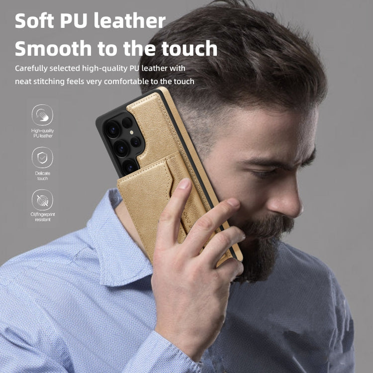 For Samsung Galaxy S25+ 5G Shield Multi-functional MagSafe Card Bag Phone Case(Desert Gold)