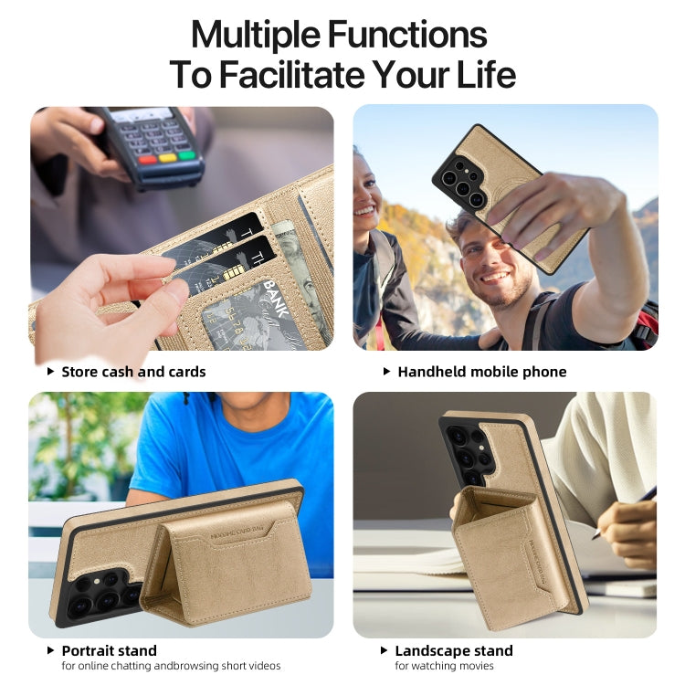 For Samsung Galaxy S25+ 5G Shield Multi-functional MagSafe Card Bag Phone Case(Desert Gold)