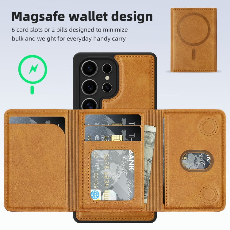 For Samsung Galaxy S25+ 5G Shield Multi-functional MagSafe Card Bag Phone Case(Brown)
