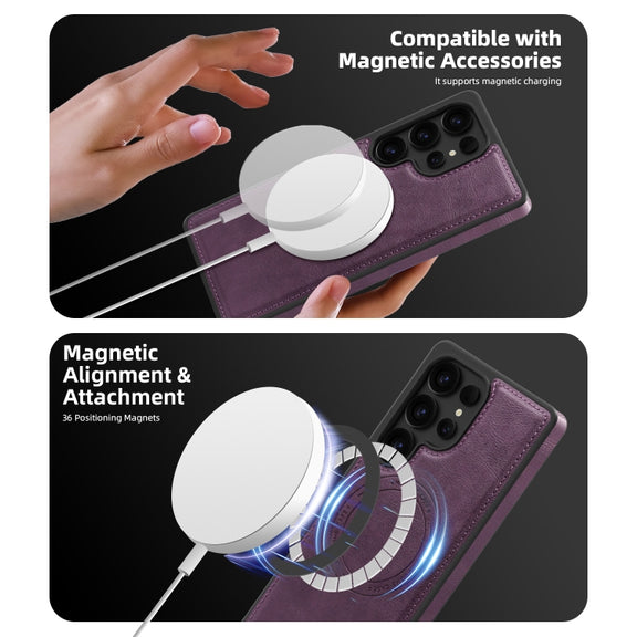 For Samsung Galaxy S25+ 5G Shield Multi-functional MagSafe Card Bag Phone Case(Purple)