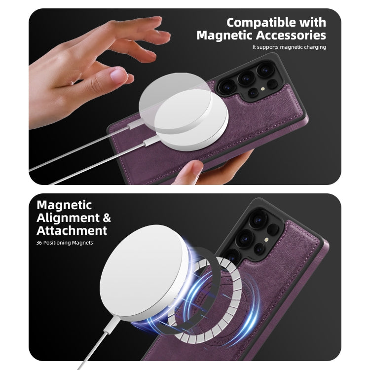 For Samsung Galaxy S25+ 5G Shield Multi-functional MagSafe Card Bag Phone Case(Purple)