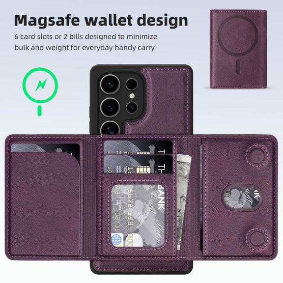 For Samsung Galaxy S25+ 5G Shield Multi-functional MagSafe Card Bag Phone Case(Purple)