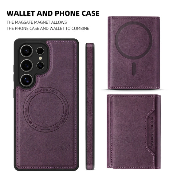 For Samsung Galaxy S25+ 5G Shield Multi-functional MagSafe Card Bag Phone Case(Purple)