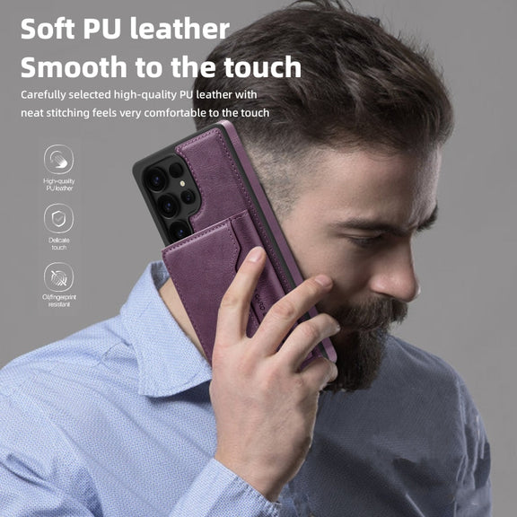 For Samsung Galaxy S25+ 5G Shield Multi-functional MagSafe Card Bag Phone Case(Purple)