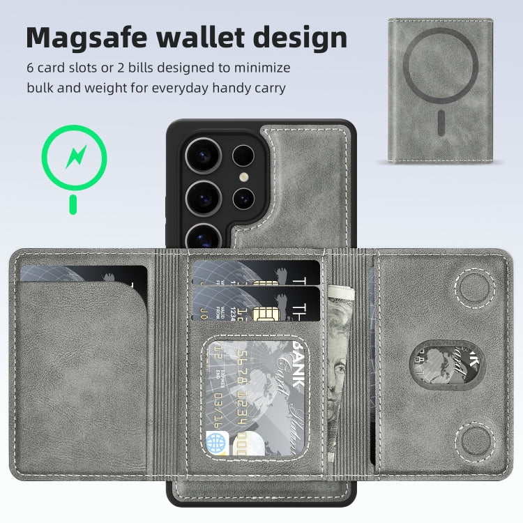 For Samsung Galaxy S25+ 5G Shield Multi-functional MagSafe Card Bag Phone Case(Grey)