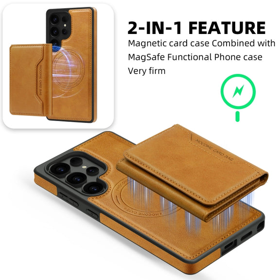 For Samsung Galaxy S25 Ultra 5G Shield Multi-functional MagSafe Card Bag Phone Case(Brown)