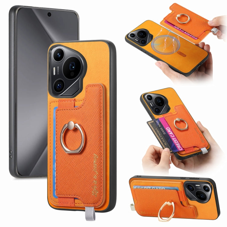 For Huawei Pura 70 Retro Magsafe Cross Leather Ring Holder Card Bag Phone Case(Yellow)