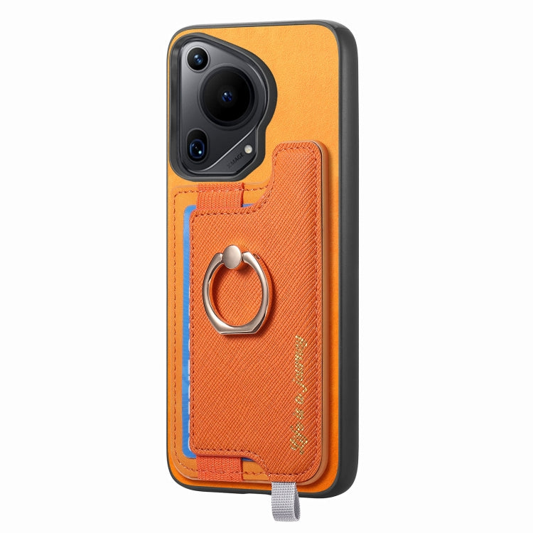 For Huawei Pura 70 Retro Magsafe Cross Leather Ring Holder Card Bag Phone Case(Yellow)