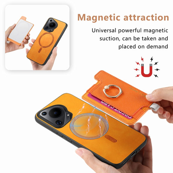 For Huawei Pura 70 Retro Magsafe Cross Leather Ring Holder Card Bag Phone Case(Yellow)