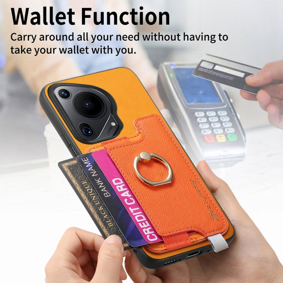 For Huawei Pura 70 Retro Magsafe Cross Leather Ring Holder Card Bag Phone Case(Yellow)