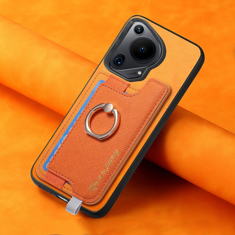 For Huawei Pura 70 Retro Magsafe Cross Leather Ring Holder Card Bag Phone Case(Yellow)
