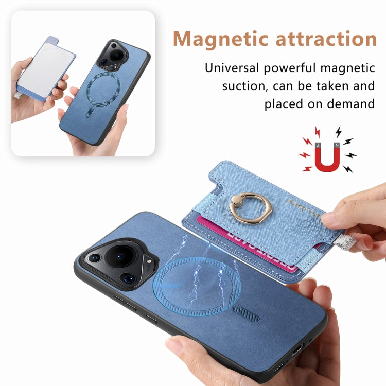 For Huawei Pura 70 Retro Magsafe Cross Leather Ring Holder Card Bag Phone Case(Blue)