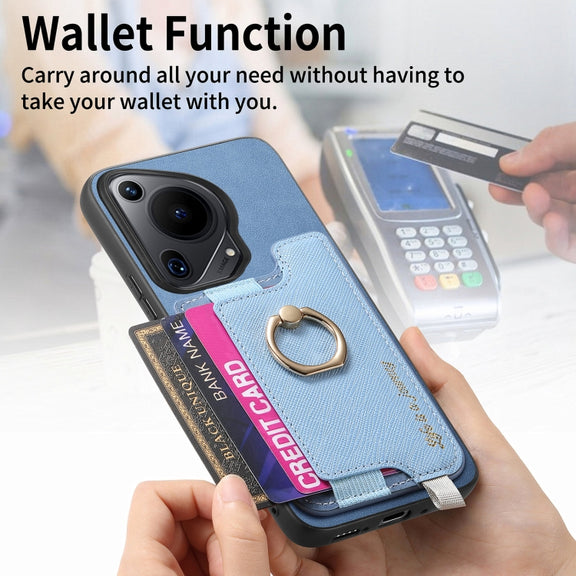 For Huawei Pura 70 Retro Magsafe Cross Leather Ring Holder Card Bag Phone Case(Blue)