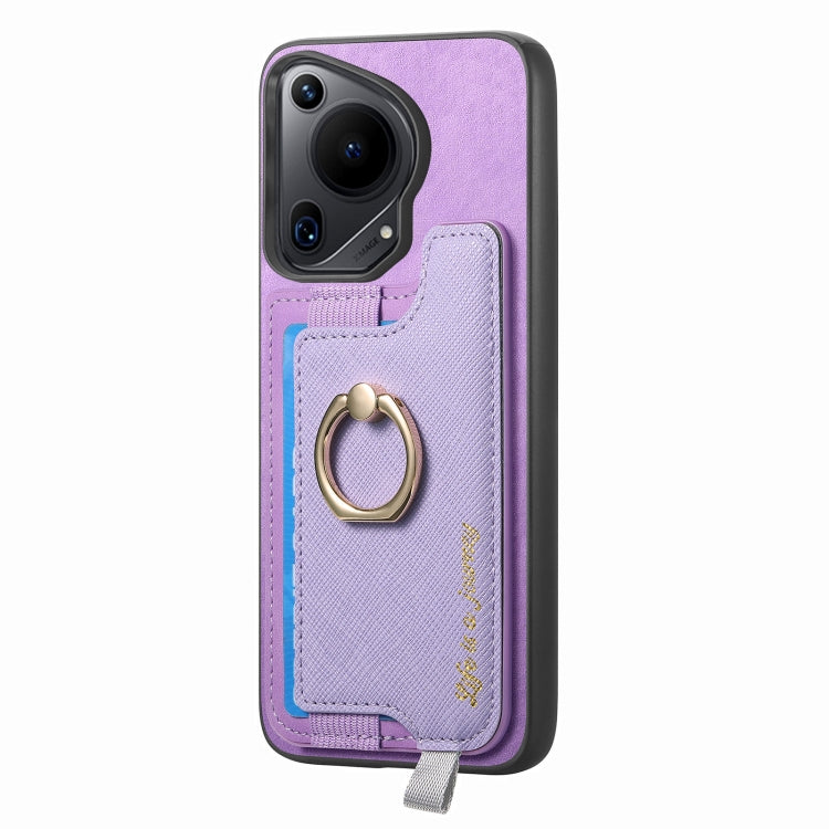 For Huawei Pura 70 Retro Magsafe Cross Leather Ring Holder Card Bag Phone Case(Purple)